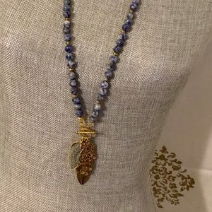 Blue Agate Bead Necklace w 3 Brass Charms